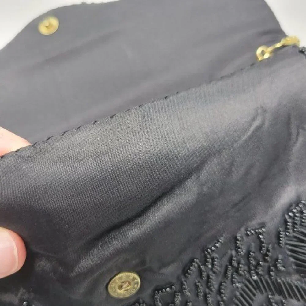 Vintage Black Beaded Evening Clutch With‎ Gold Chain Strap